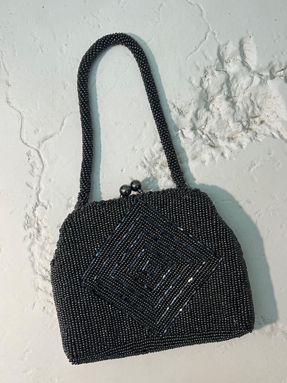 Vintage Beaded Clutch - Pewter Evening Clutch with Top Handle